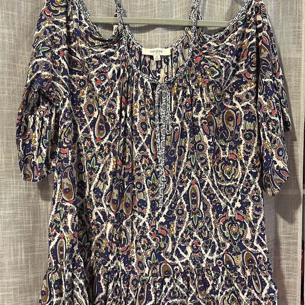 Blue and Brown Ruffled Short Sleeve Blouse